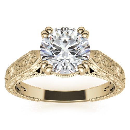 Round Cut Lab Grown Diamond Engagement Ring, Vintage Style Solitaire Art Deco Design